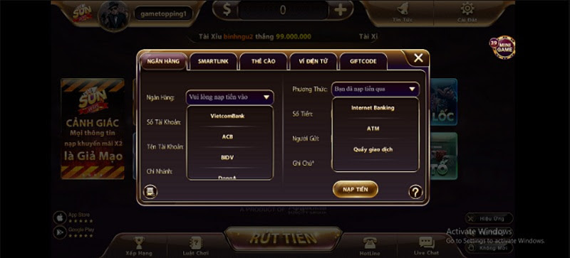 Giao diện nạp tiền tại cổng game bài Sunvn Vip