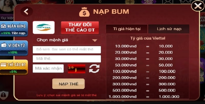 Nạp và rút tiền tại cổng game Bum Club chỉ trong vài phút