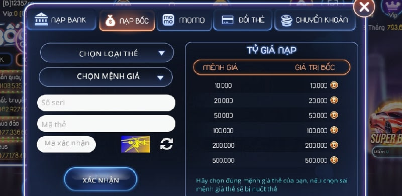 Thao tác nạp tiền nhanh chóng tại cổng game Bốc Club