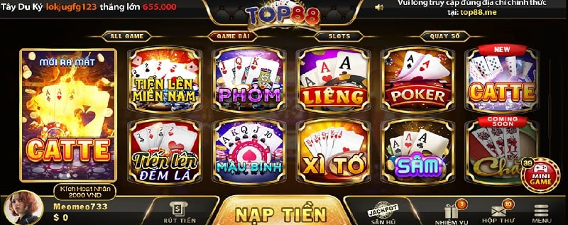 Cổng game bài Top88 có số lượng game bài cực khủng