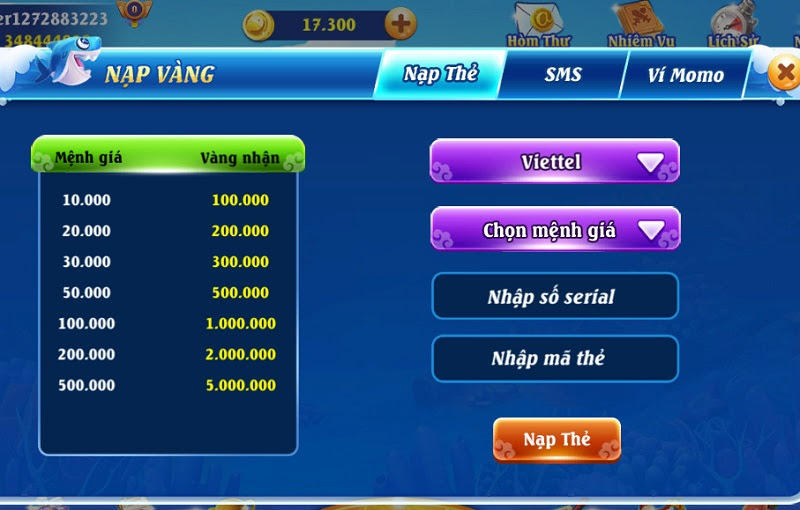 Cách nạp tiền vào tài khoản cổng game Bắn Cá VIP