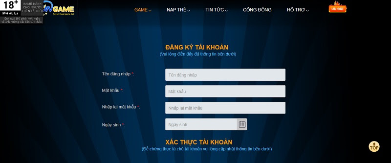 Biểu mẫu đăng ký tài khoản tại Ongame