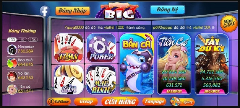 Giao diện bắt mắt tại cổng game đánh bài Big777