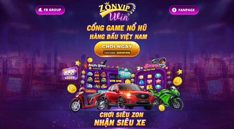 Giao diện cổng game Zonvip bắt mắt với màu sắc tím xanh