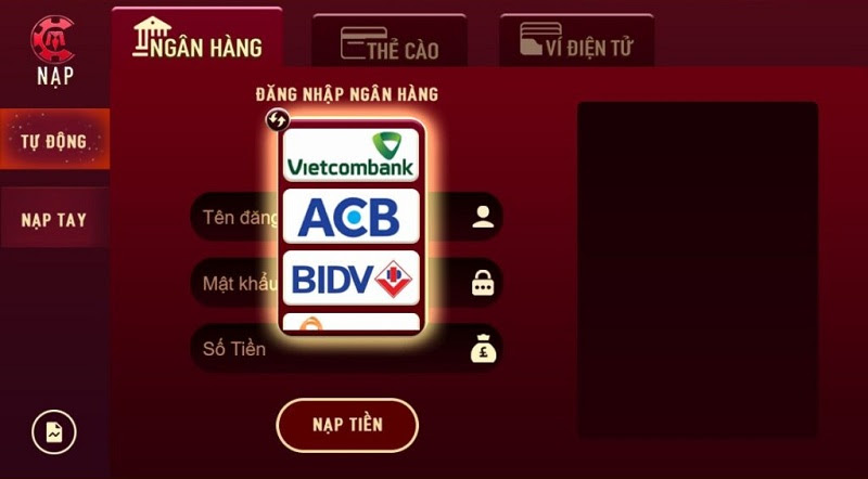 Nạp tiền bằng ngân hàng tại cổng game Man Club