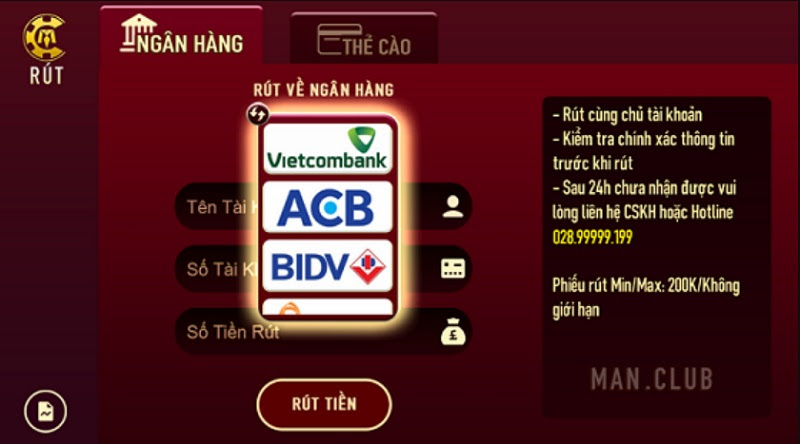 Hướng dẫn rút tiền tại cổng game Man Club