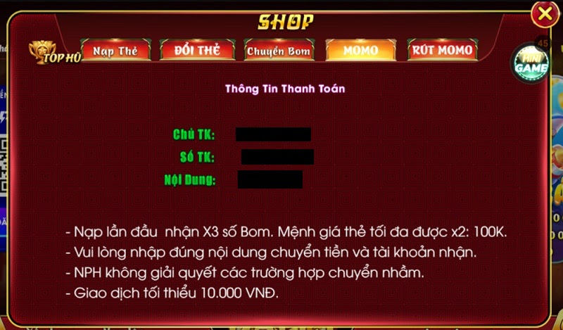 Nạp tiền tại cổng game Bom24h