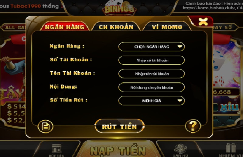 Quy trình rút tiền cực đơn giản của cổng game Binh88