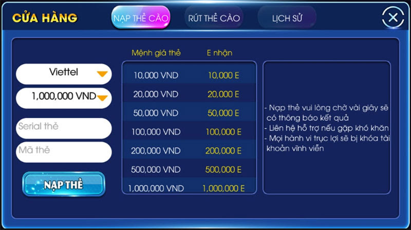 Giao diện nạp tiền tại cổng game E168