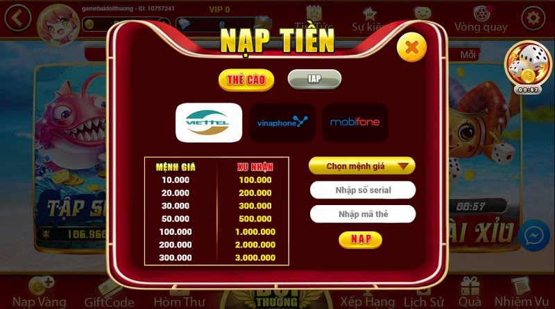 Nạp tiền tại cổng game Ban Ca Zui